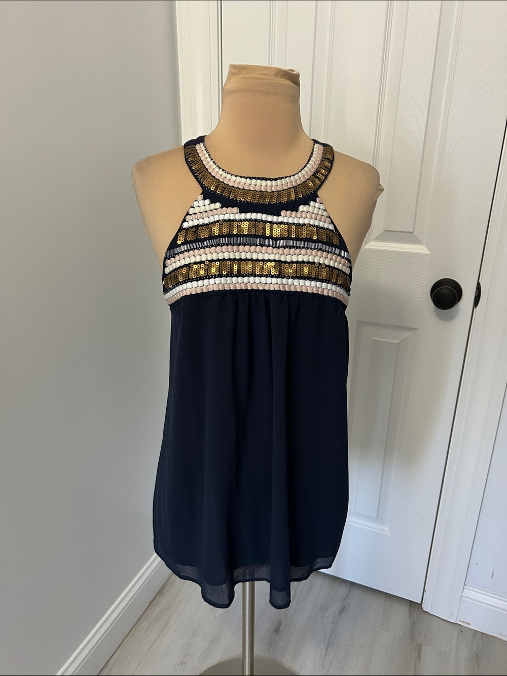 The Limited Navy Chiffon Embellished Tank